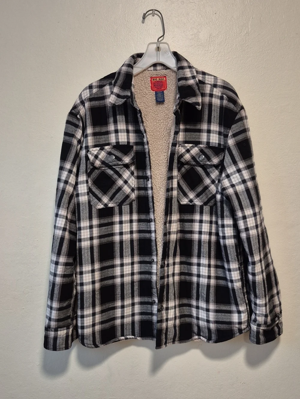 Vtg Big Mac Men's Jacket Black and White Plaid Flannel Sherpa Lined Sz L
